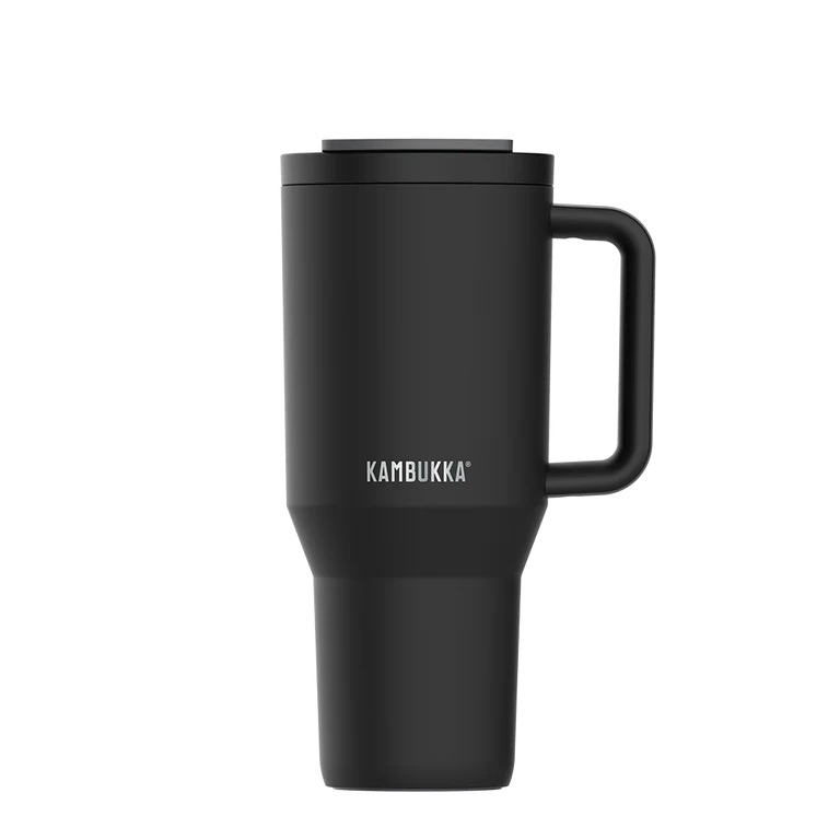 kambukka rio tumbler, 950 ml water bottler with handle and collapsable straw, black colour, black kambukka cup with handle and silver logo