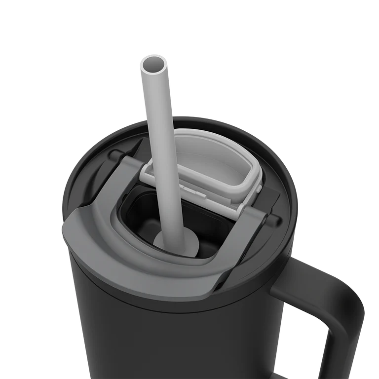 kambukka rio tumbler, 950 ml water bottler with handle and collapsable straw, black colour, close up of the tumblers lid open with straw