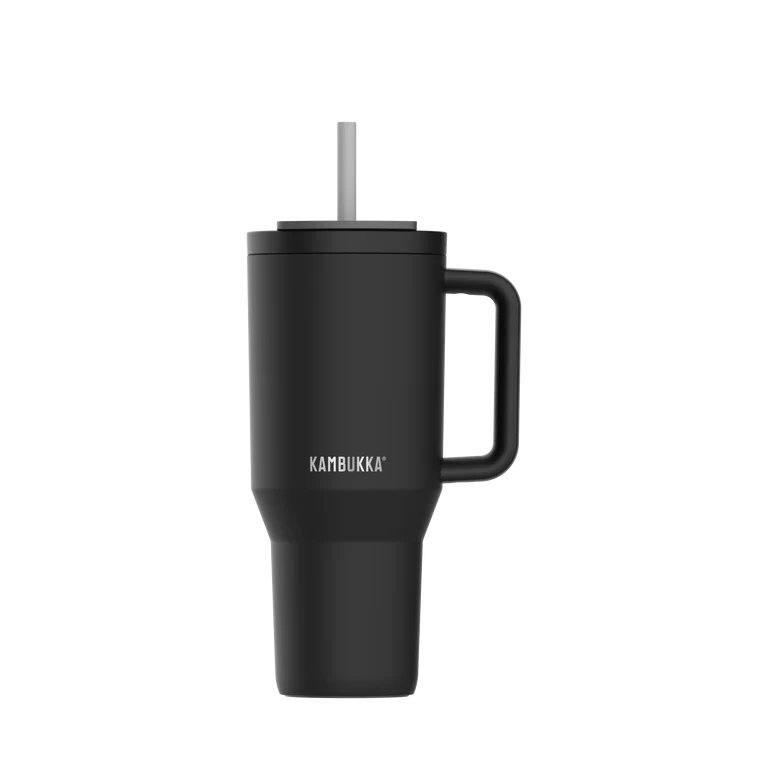kambukka rio tumbler, 950 ml water bottler with handle and collapsable straw, black colour, black kambukka tumbler with grey straw