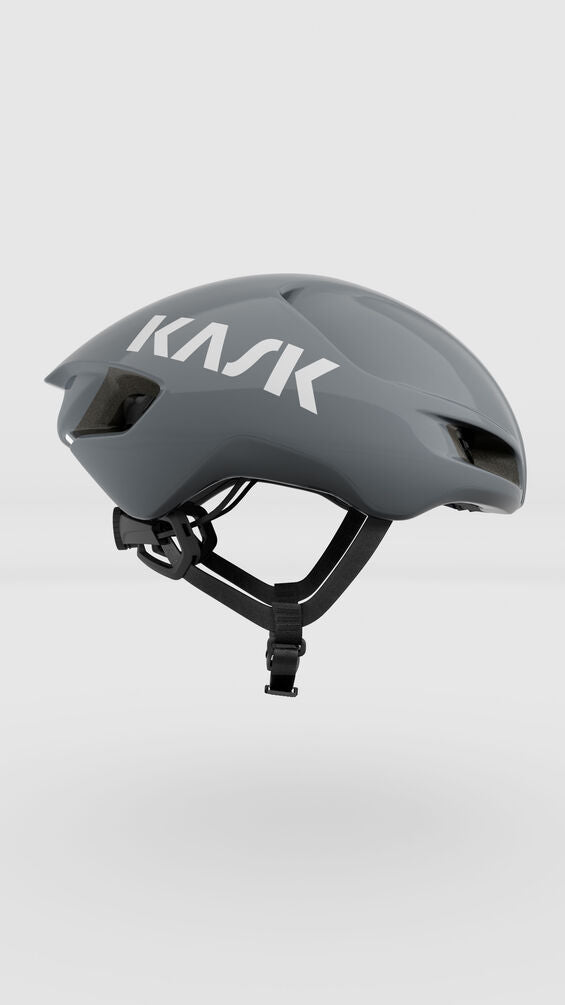 kask utopia y helmet, black matte color, aerodynamic road helmet, side profile of helmet on white background