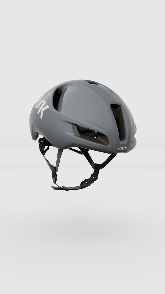 kask utopia y helmet, grey matte color, aerodynamic road helmet, front side profile angle of helmet on white background