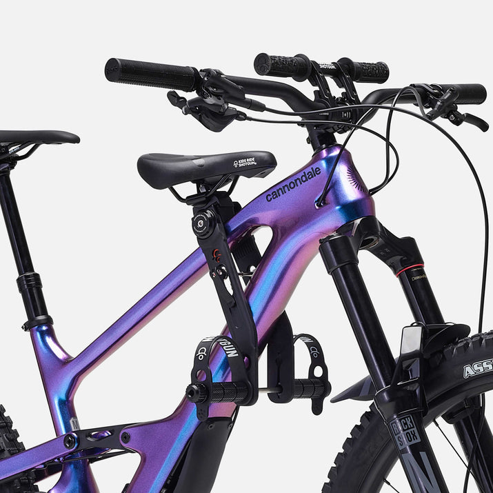 Kids Ride Shotgun 2.0 Child Bike Seat + Handlebars Combo attached to purple cannondale bike close up 