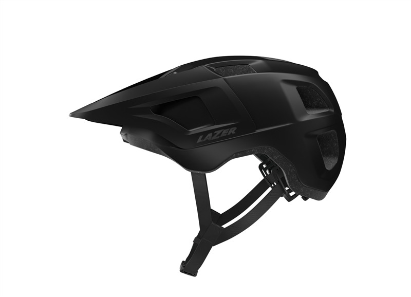 lazer finch helmet, lightweight helmet for youth and adults with integrated visor, matte black colour, side of helmet on a white background