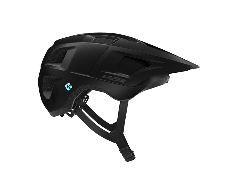 lazer finch helmet, lightweight helmet for youth and adults with integrated visor, matte black colour, side profile of helmet on a white background
