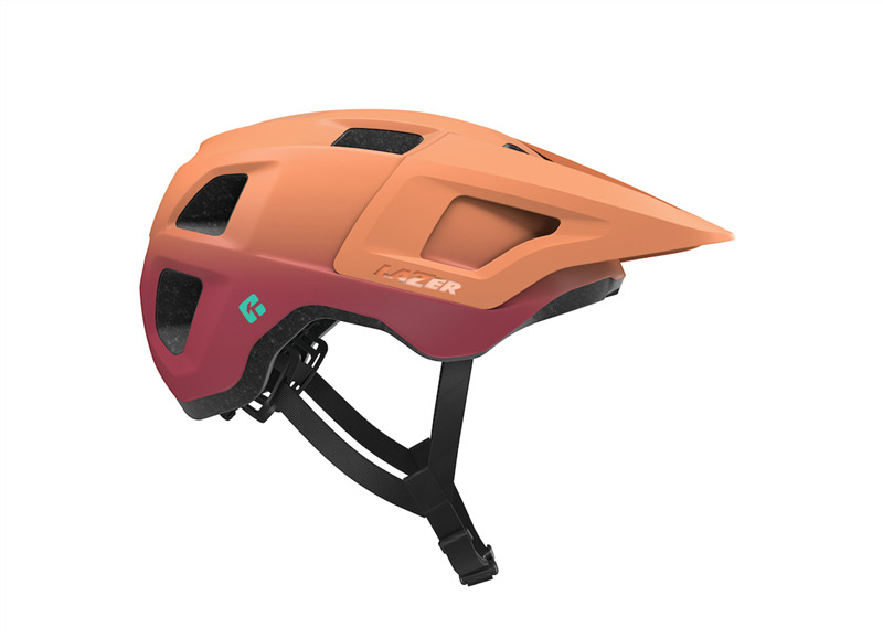 lazer finch helmet, lightweight helmet for youth and adults with integrated visor, red and orange colour with black details, side profile of helmet on a white background