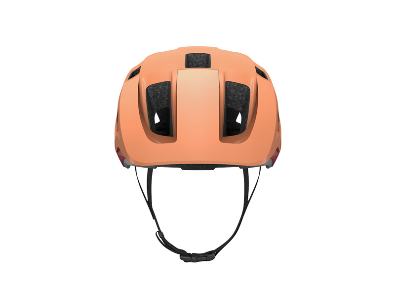 lazer finch helmet, lightweight helmet for youth and adults with integrated visor, red and orange colour with black details, profile of front of helmet on a white background