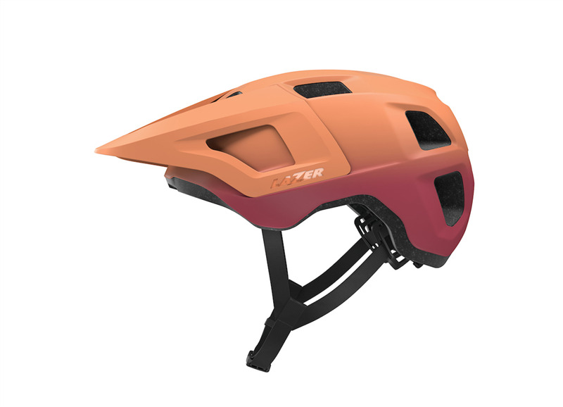 lazer finch helmet, lightweight helmet for youth and adults with integrated visor, red and orange colour with black details, side profile of helmet on a white background
