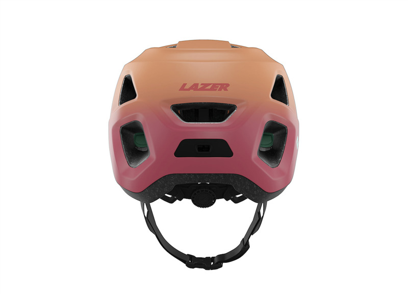 lazer finch helmet, lightweight helmet for youth and adults with integrated visor, red and orange colour with black details, back profile of helmet on a white background