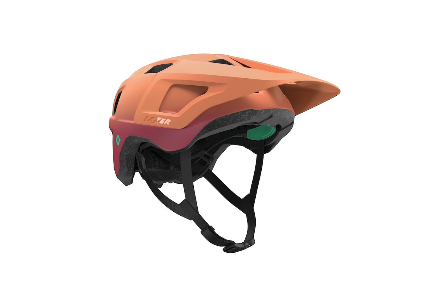 lazer finch helmet, lightweight helmet for youth and adults with integrated visor, red and orange colour with black details, side profile of helmet on a white background