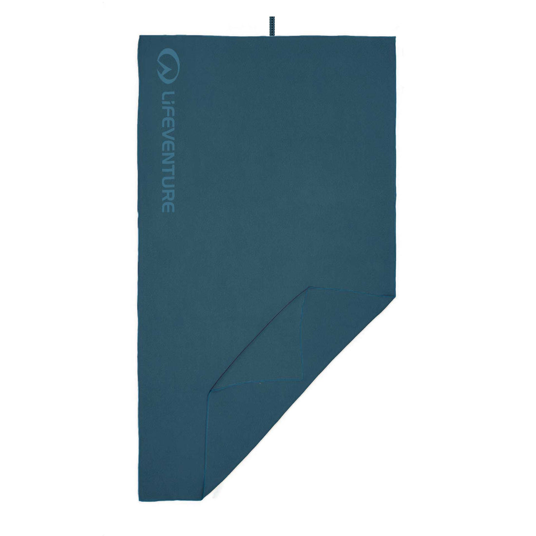 Blue towel with Lifeventure logo on a white background