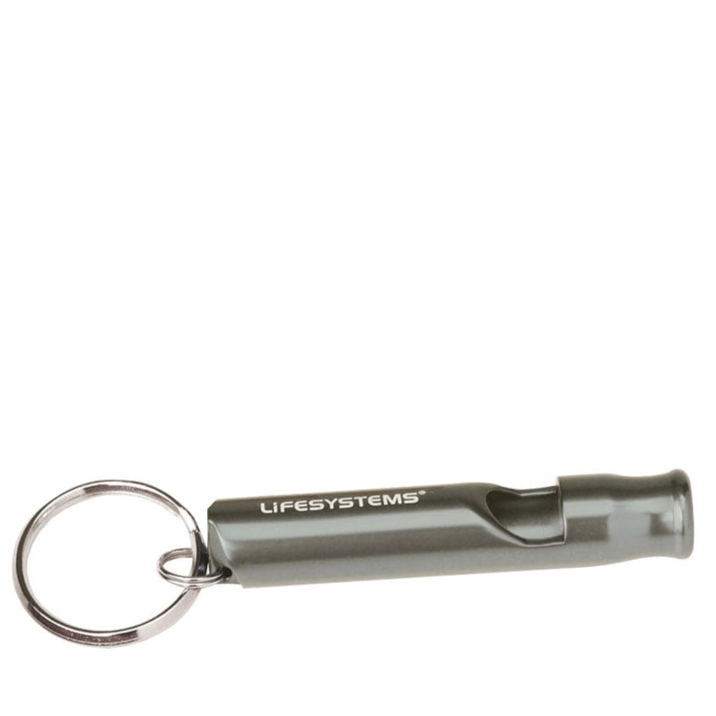 Metal whistle with keyring, branded 'Lifesystems'.