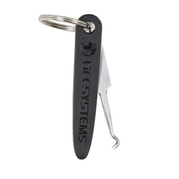 Black multi-tool keychain with a silver ring 