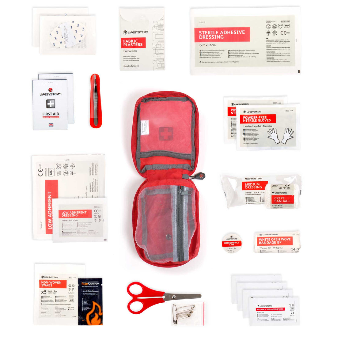 First aid kit with various components from Lifesystems