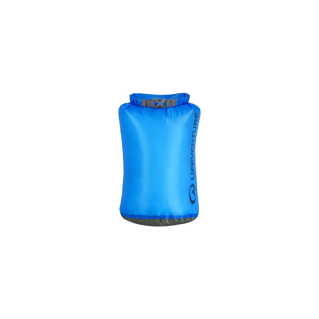 lifeventure ultralight dry bag, 5 litre capacity, waterproof and durable storage bag, bright blue colour, shown on a white background