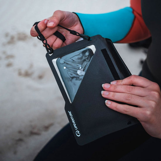 Black phone case with a clear front panel, featuring the Lifeventure logo.