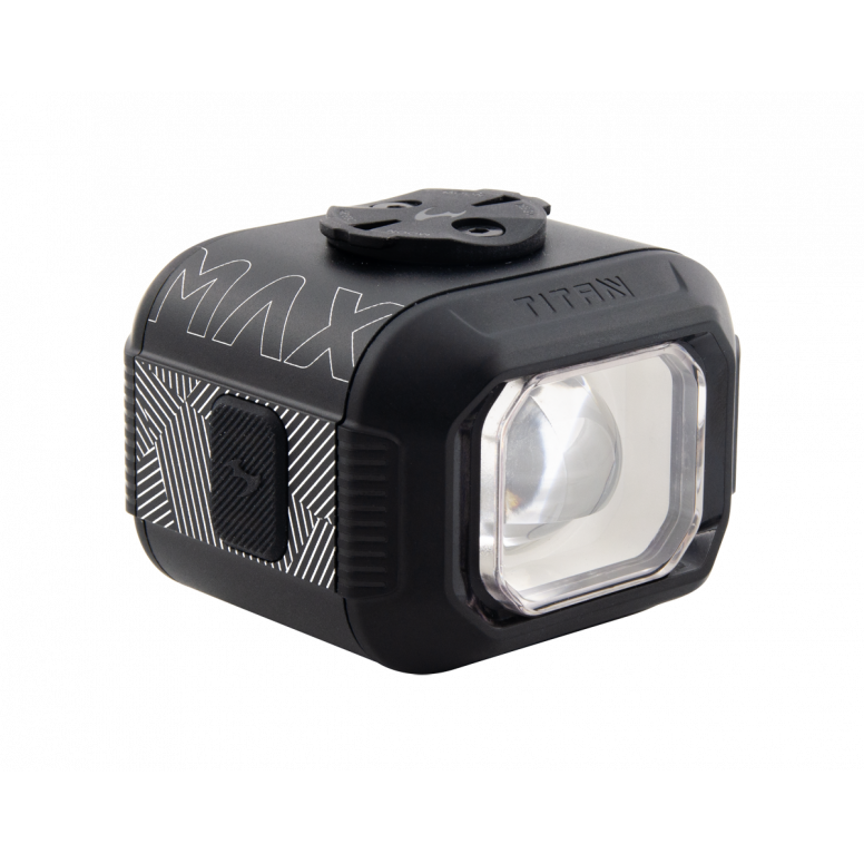 moon titan max bike light, black square bike light with white light and white geometric patterns on side of case