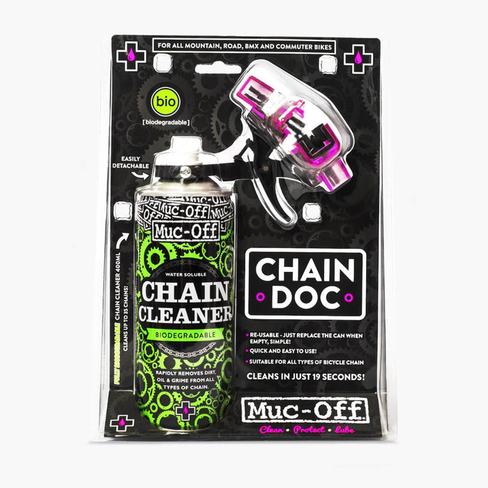 Muc-Off Chain Doc chain cleaner packaging with a bottle and brush 