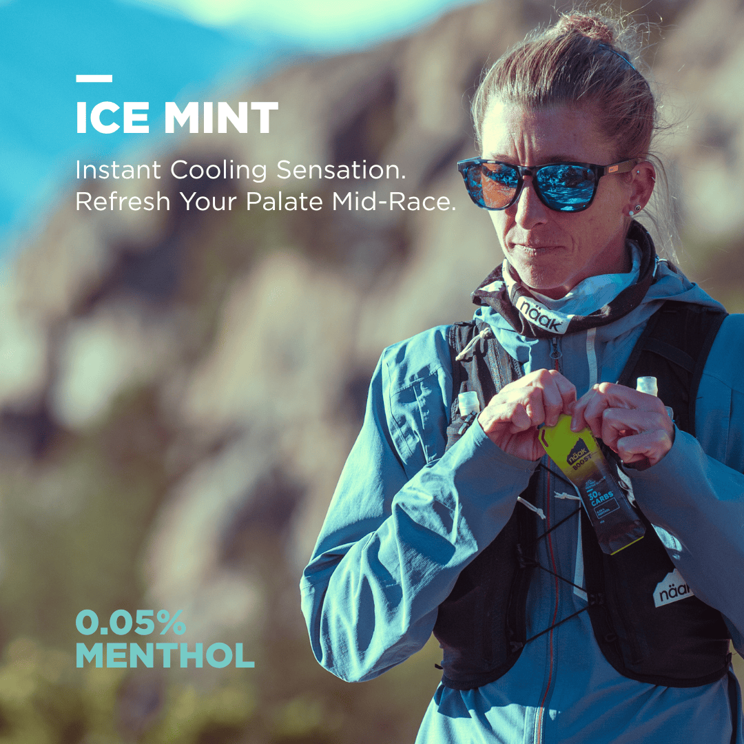 Person running with naak boost energy gel in flavour ice mint