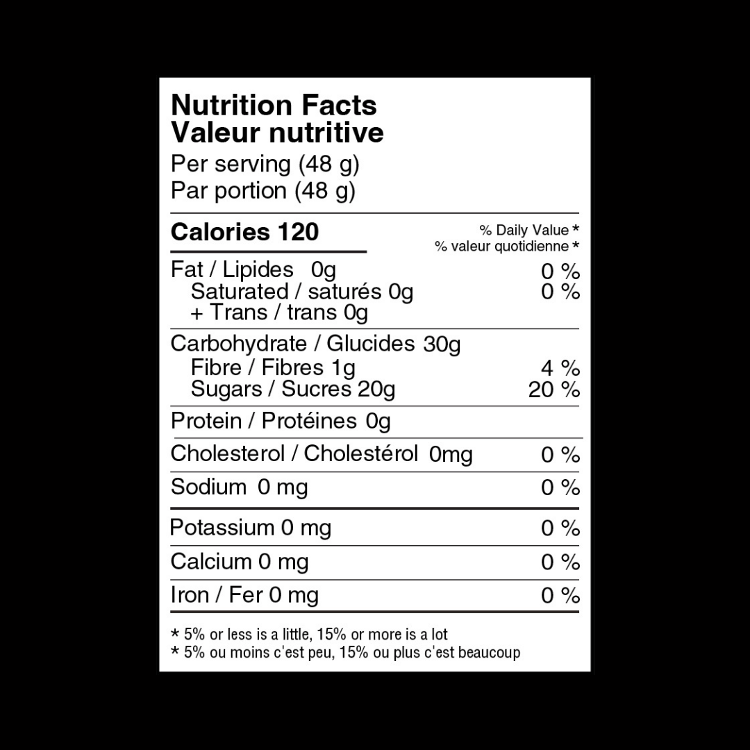 picture of nutrition facts per serving of naak boost energy gel, peach tea flavour with added caffeine