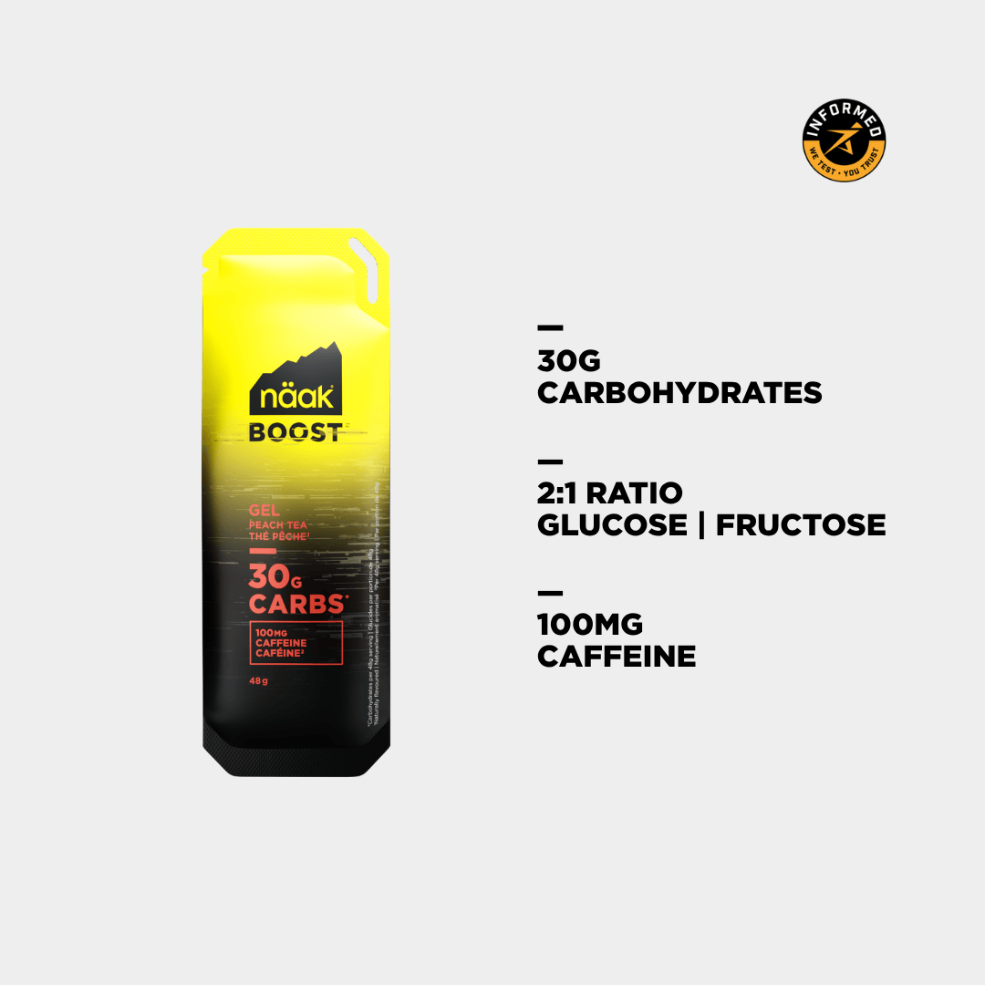 naak boost energy gel 30 sachet on a white background with black text, peach tea flavour with added caffeine