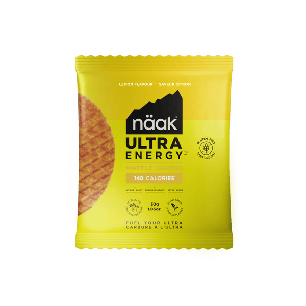 naak ultra energy waffle, running and cycling carb and protein nutrition, lemon flavoured waffle, front of package