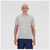Man wearing a new balance gray run t-shirt and navy shorts on a white background