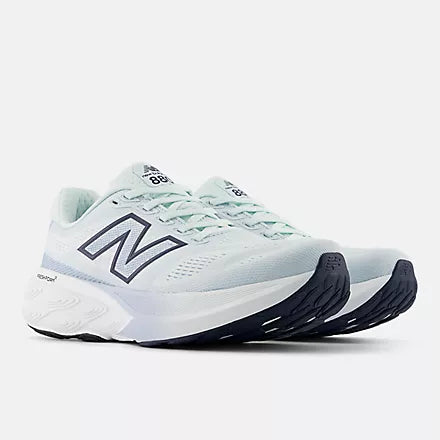 nb 880v15 for women, cushioned neutral running shoe, light pastel blue with white sole, side profile of both shoes