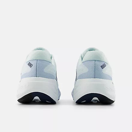 nb 880v15 for women, cushioned neutral running shoe, light pastel blue with white sole, back profile of shoe
