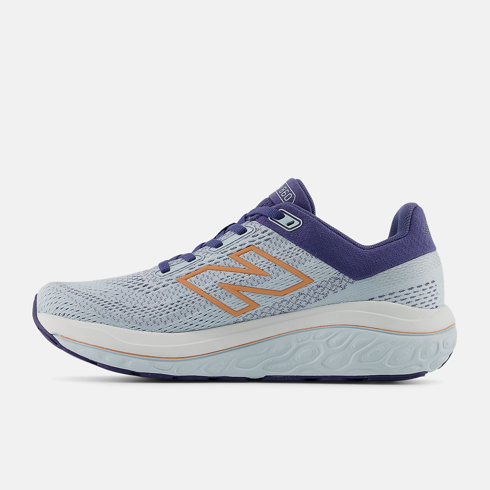 Light blue new balance 860v14 running shoe with purple accents and orange logo