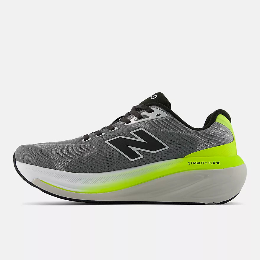 New Balance Fresh Foam X 860v15,  stability and support everyday running shoes for men, slate grey with green details, side profile of shoe on a white background