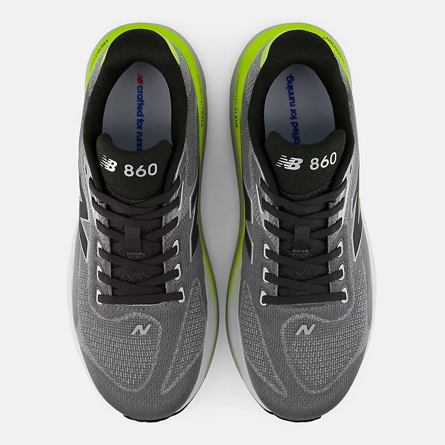 New Balance Fresh Foam X 860v15,  stability and support everyday running shoes for men, slate grey with green details, overhead profile of both shoes on a white background
