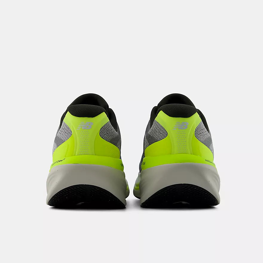 New Balance Fresh Foam X 860v15,  stability and support everyday running shoes for men, slate grey with green details, back profile of both shoes on a white background