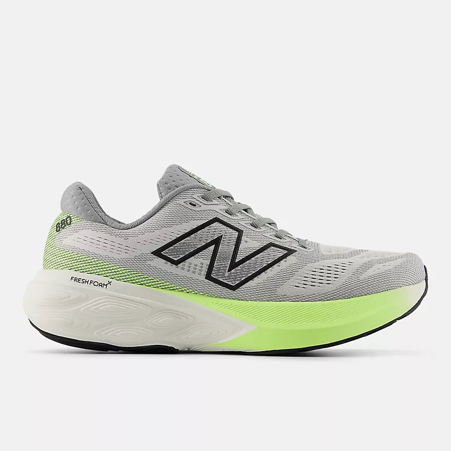 new balance 880v15 for men, cushioned road running and walking shoe, light grey colour with neon green, side profile of shoe