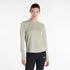 new balance athletics long sleeve, long sleeve breathable layering shirt, light green colour, woman wearing long sleeve new balance shirt with black leggings