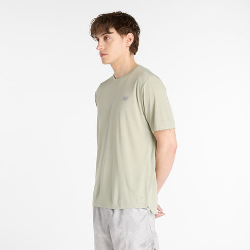 new balance athletics tshirt, short sleeve lightweight running top, light green colour, side profile of shirt