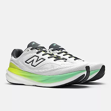 new balance fresh foam 1080v15 soft bouncy lightweight road running shoe for men, light grey with blue and green accents, profile of both shoes on a white background