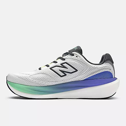 new balance fresh foam 1080v15 soft bouncy lightweight road running shoe for men, light grey with blue and green accents, side  profile of shoe on a white background