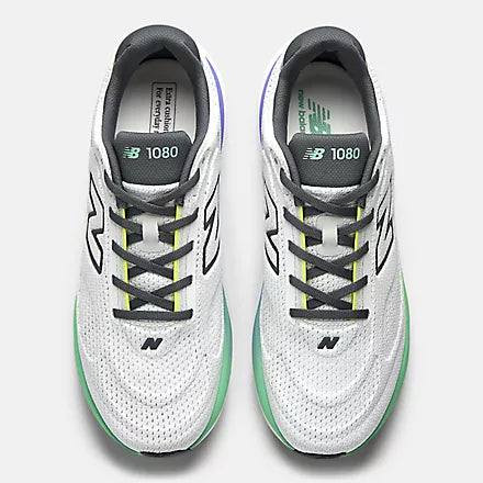 new balance fresh foam 1080v15 soft bouncy lightweight road running shoe for men, light grey with blue and green accents, overhead profile of shoe on a white background