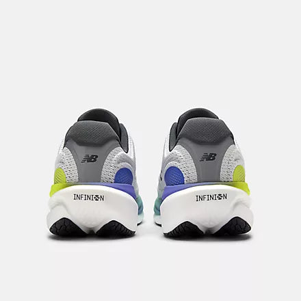 new balance fresh foam 1080v15 soft bouncy lightweight road running shoe for men, light grey with blue and green accents, back profile of shoe on a white background