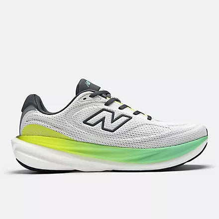 new balance fresh foam 1080v15 soft bouncy lightweight road running shoe for men, light grey with blue and green accents, profile of shoe on a white background