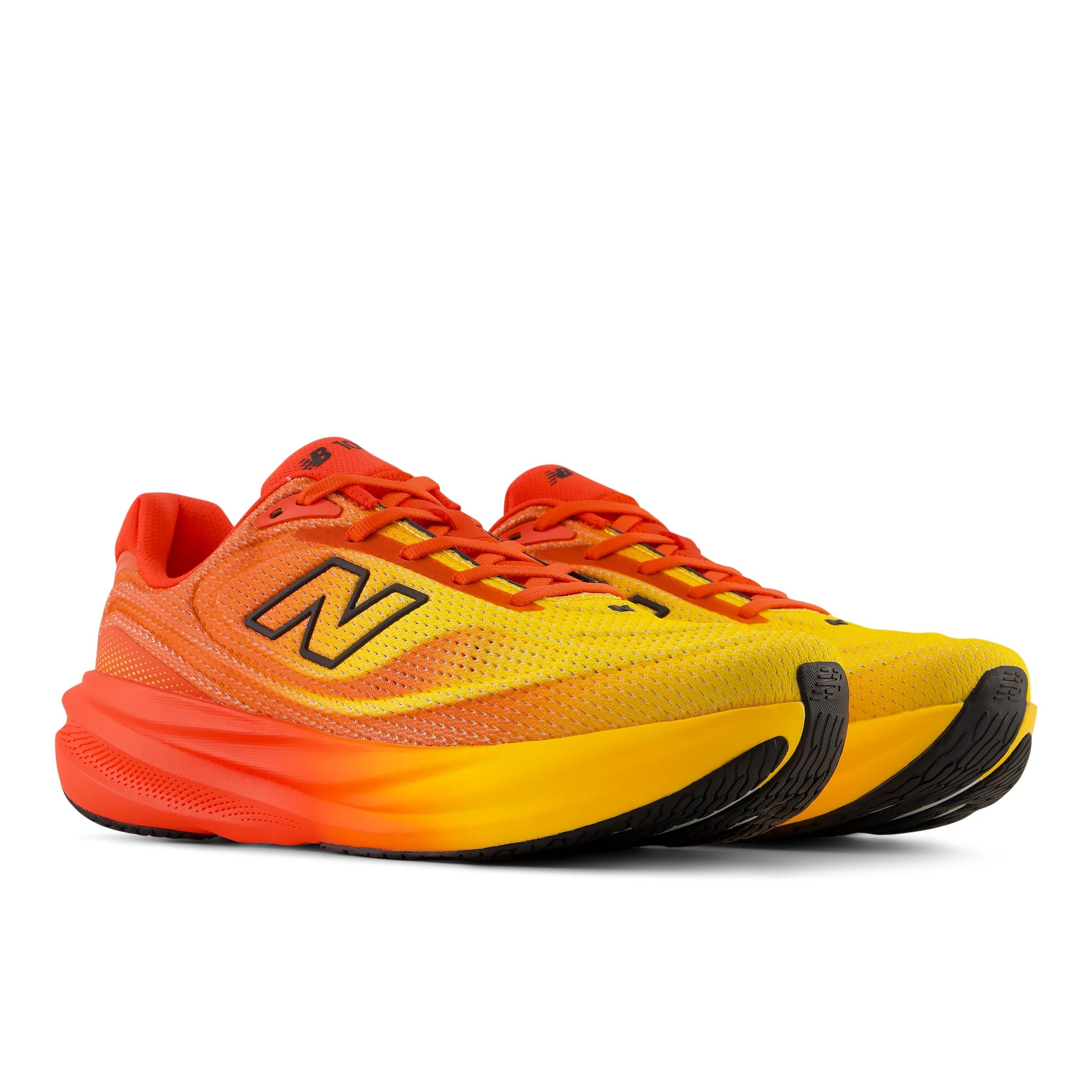 new balance fresh foam 1080v15, soft bouncy lightweight road running shoe for men, bright orange colour with yellow accents, profile of both shoes on a white background