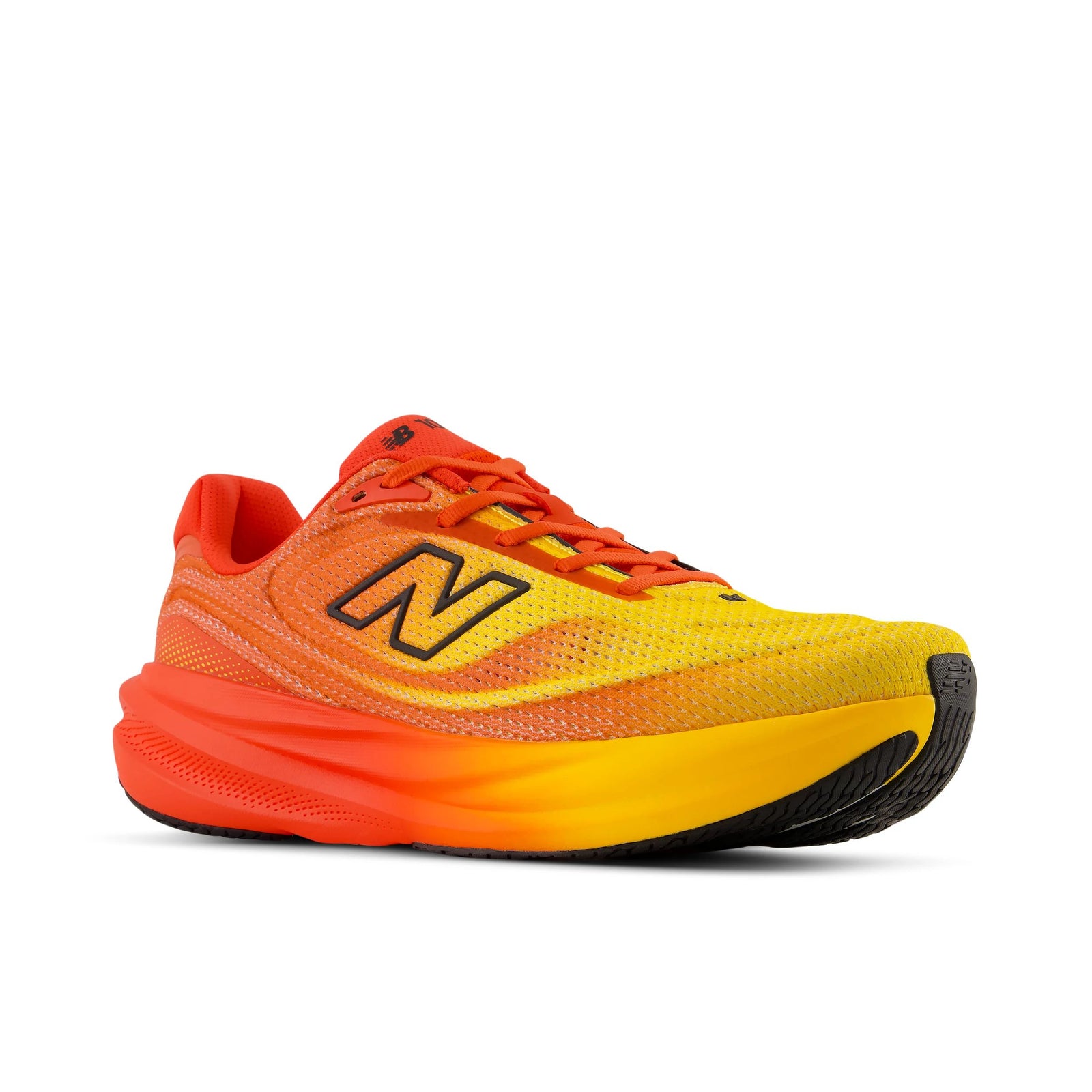 new balance fresh foam 1080v15, soft bouncy lightweight road running shoe for men, bright orange colour with yellow accents, profile of shoe on a white background