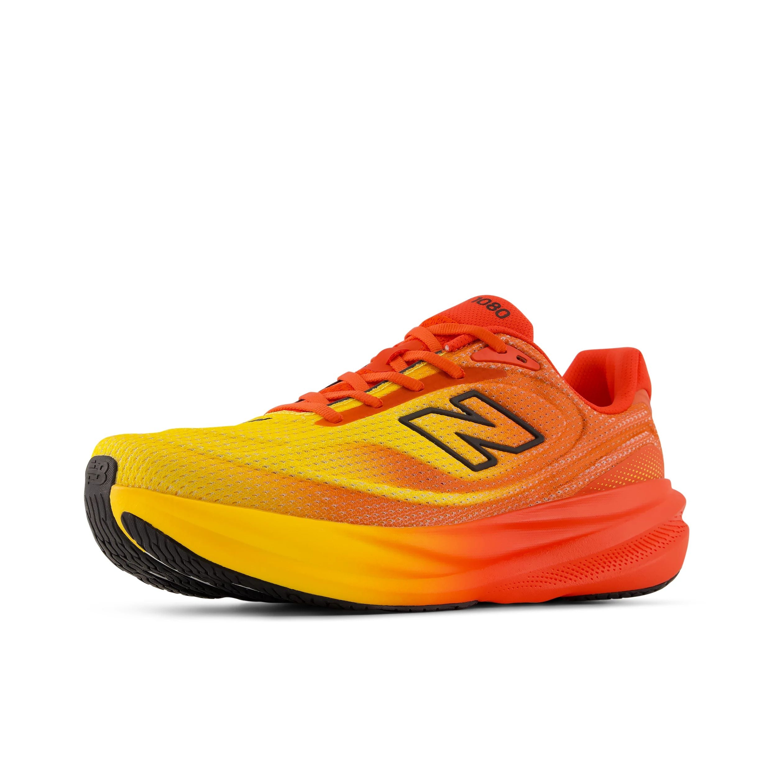 new balance fresh foam 1080v15, soft bouncy lightweight road running shoe for men, bright orange colour with yellow accents, profile of shoe on a white background
