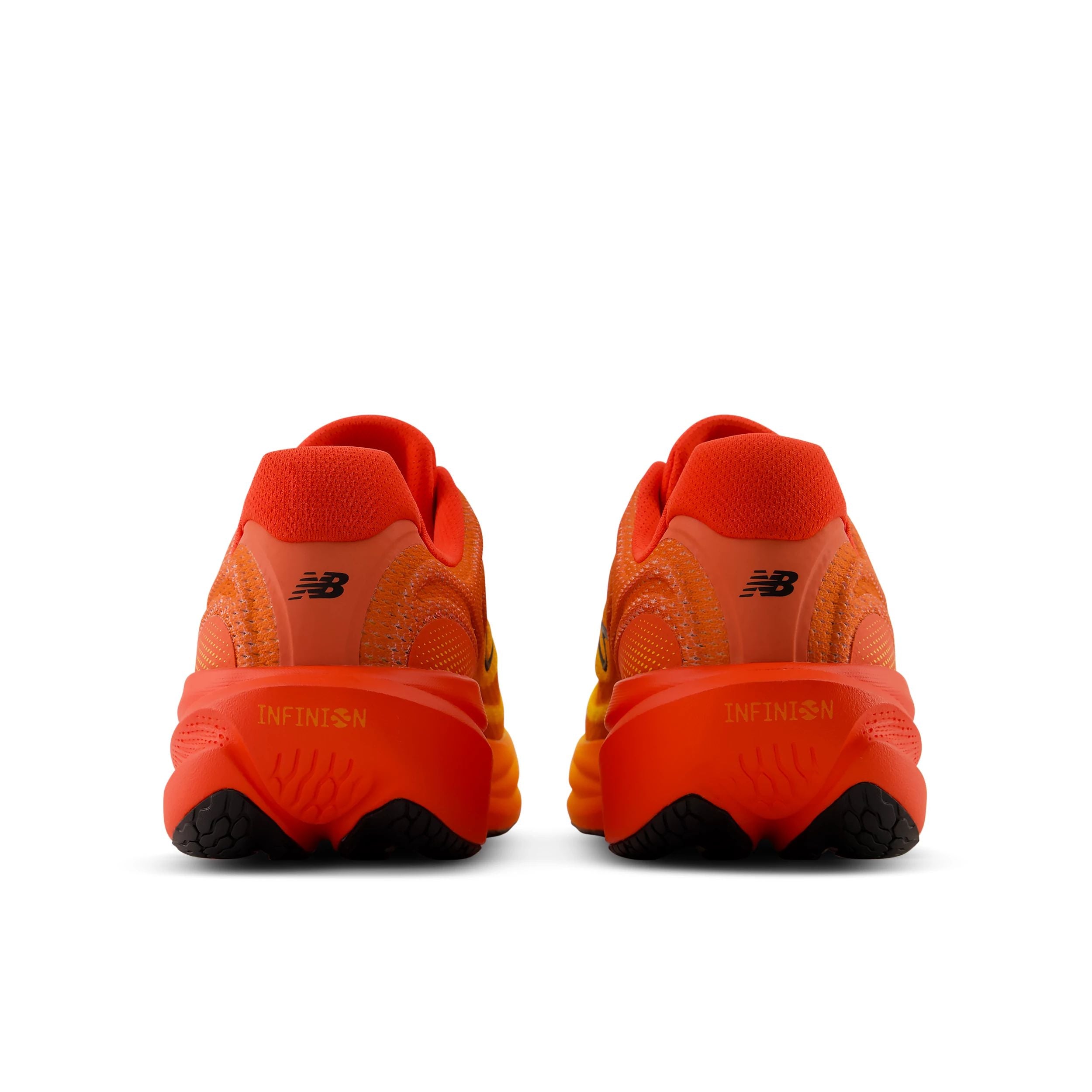 new balance fresh foam 1080v15, soft bouncy lightweight road running shoe for men, bright orange colour with yellow accents, back profile of both shoes on a white background