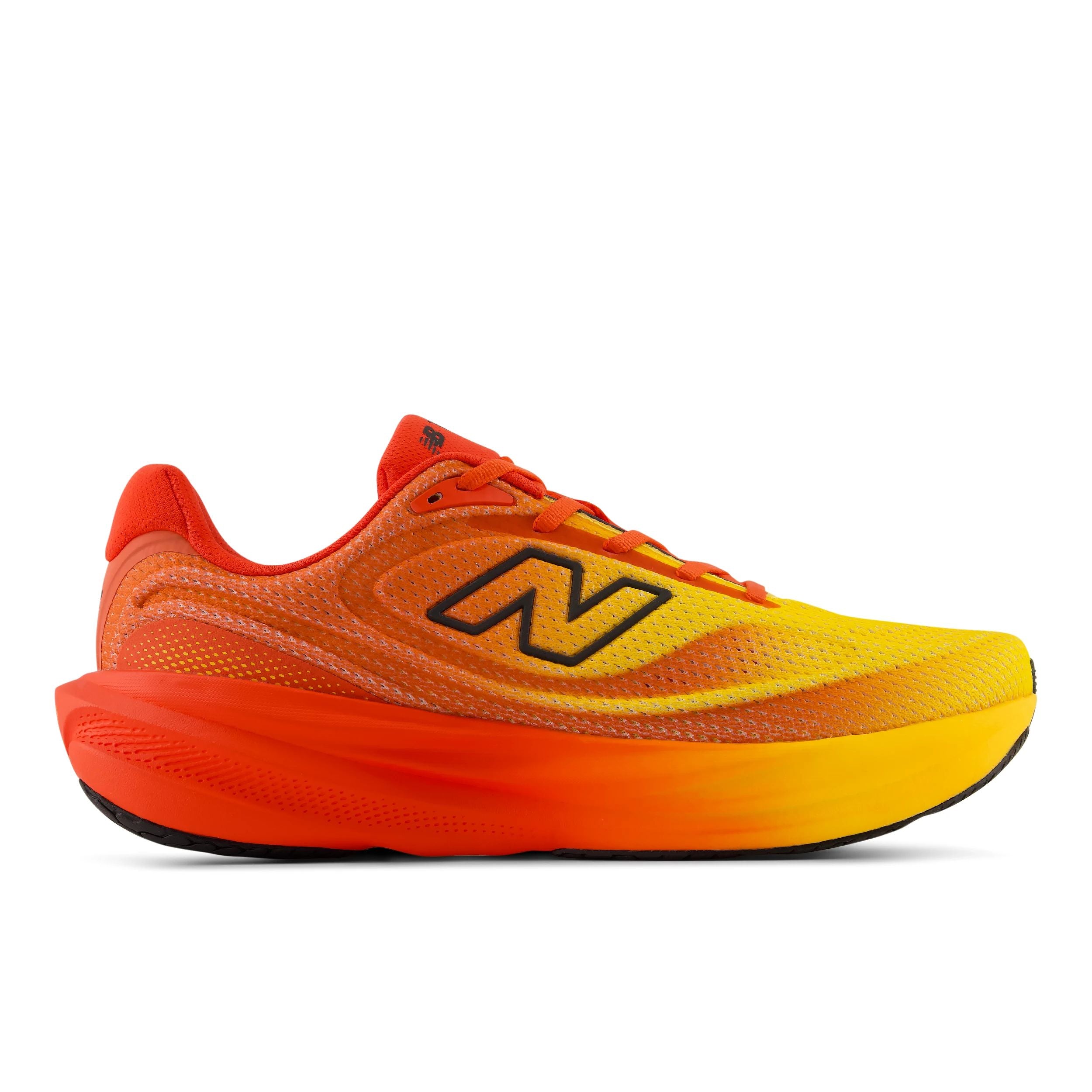 new balance fresh foam 1080v15, soft bouncy lightweight road running shoe for men, bright orange colour with yellow accents, profile of shoe on a white background