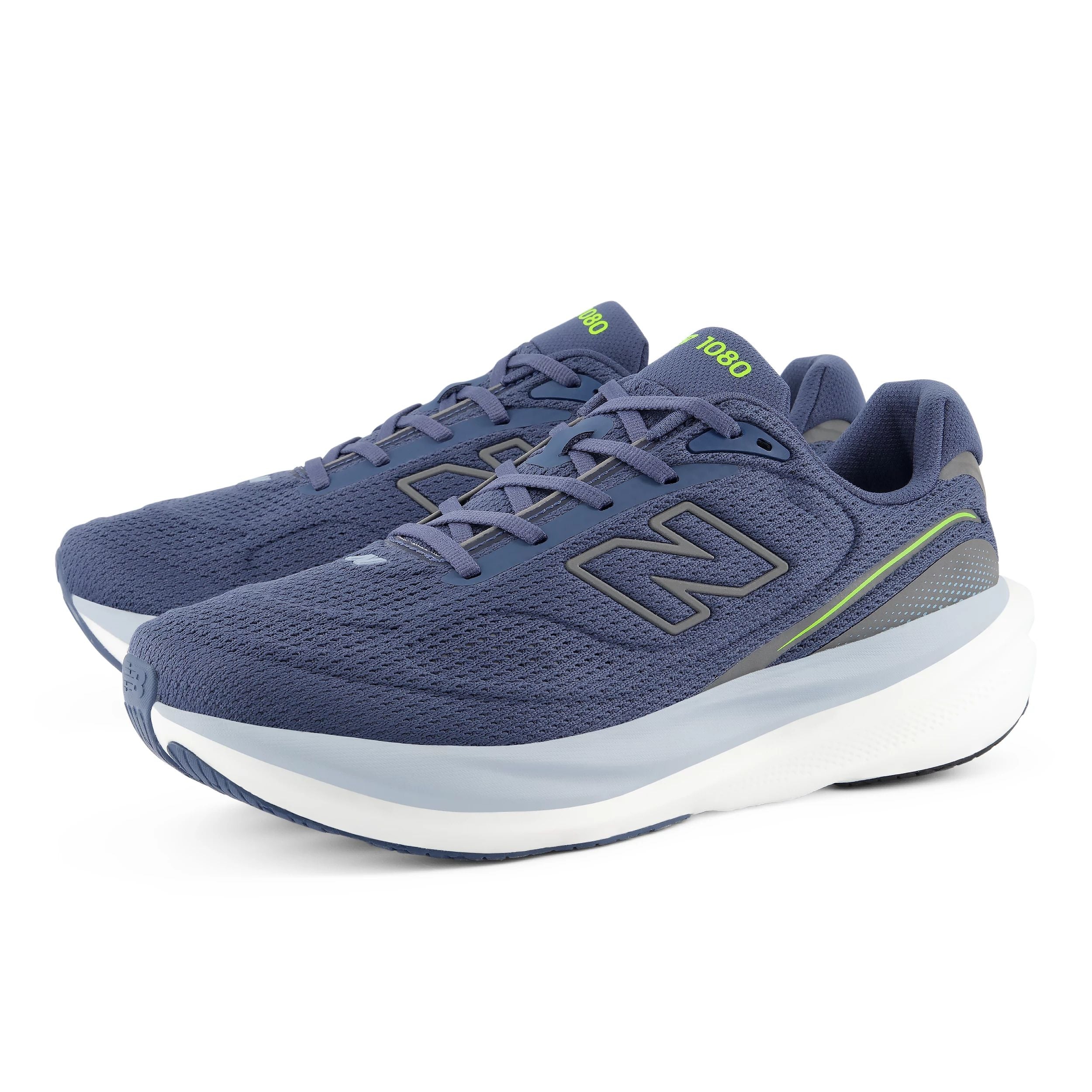 new balance fresh foam 1080v15, soft bouncy lightweight road running shoe for men, indigo colour with bright green accents, profile of both shoes on a white background