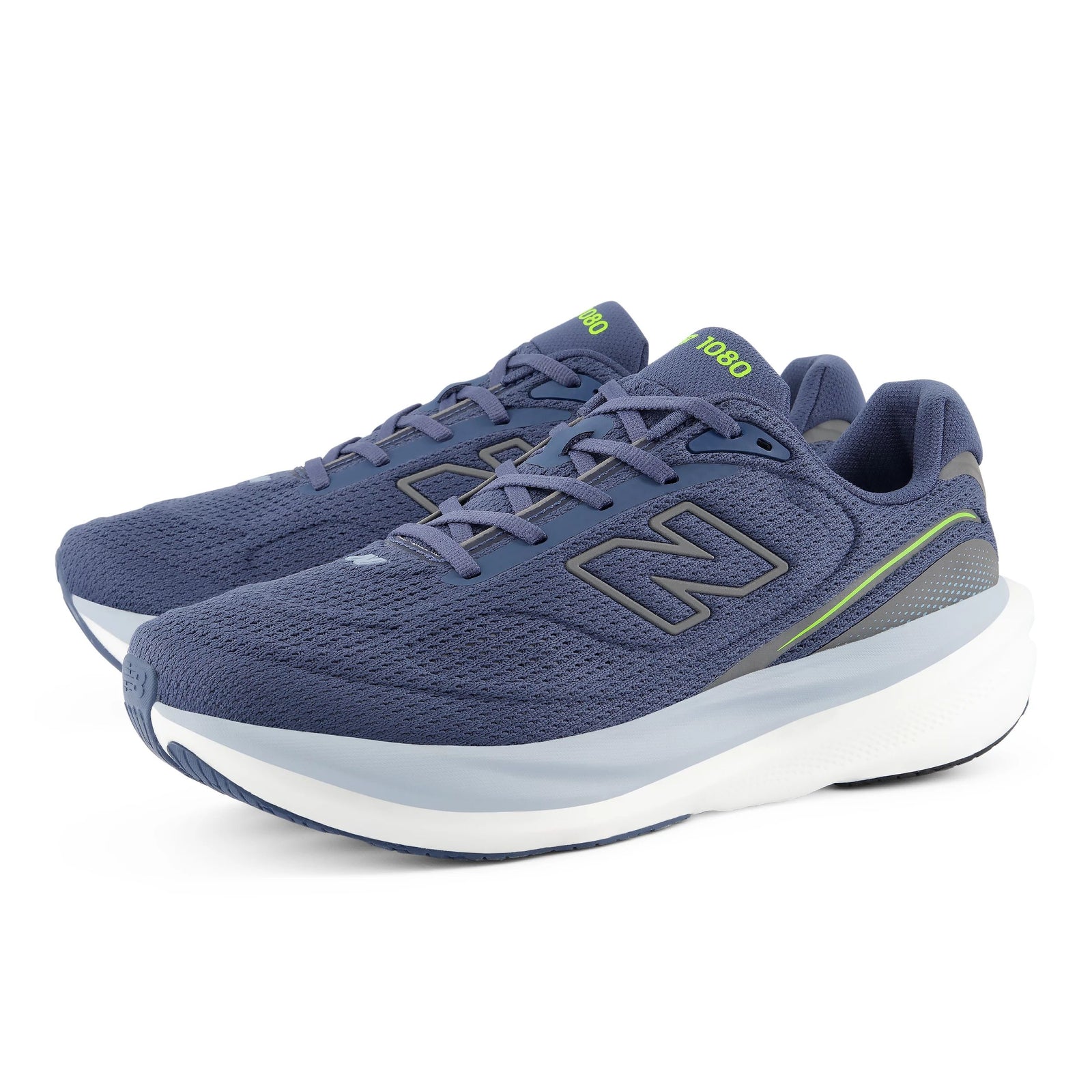 new balance fresh foam 1080v15, soft bouncy lightweight road running shoe for men, indigo colour with bright green accents, profile of both shoes on a white background
