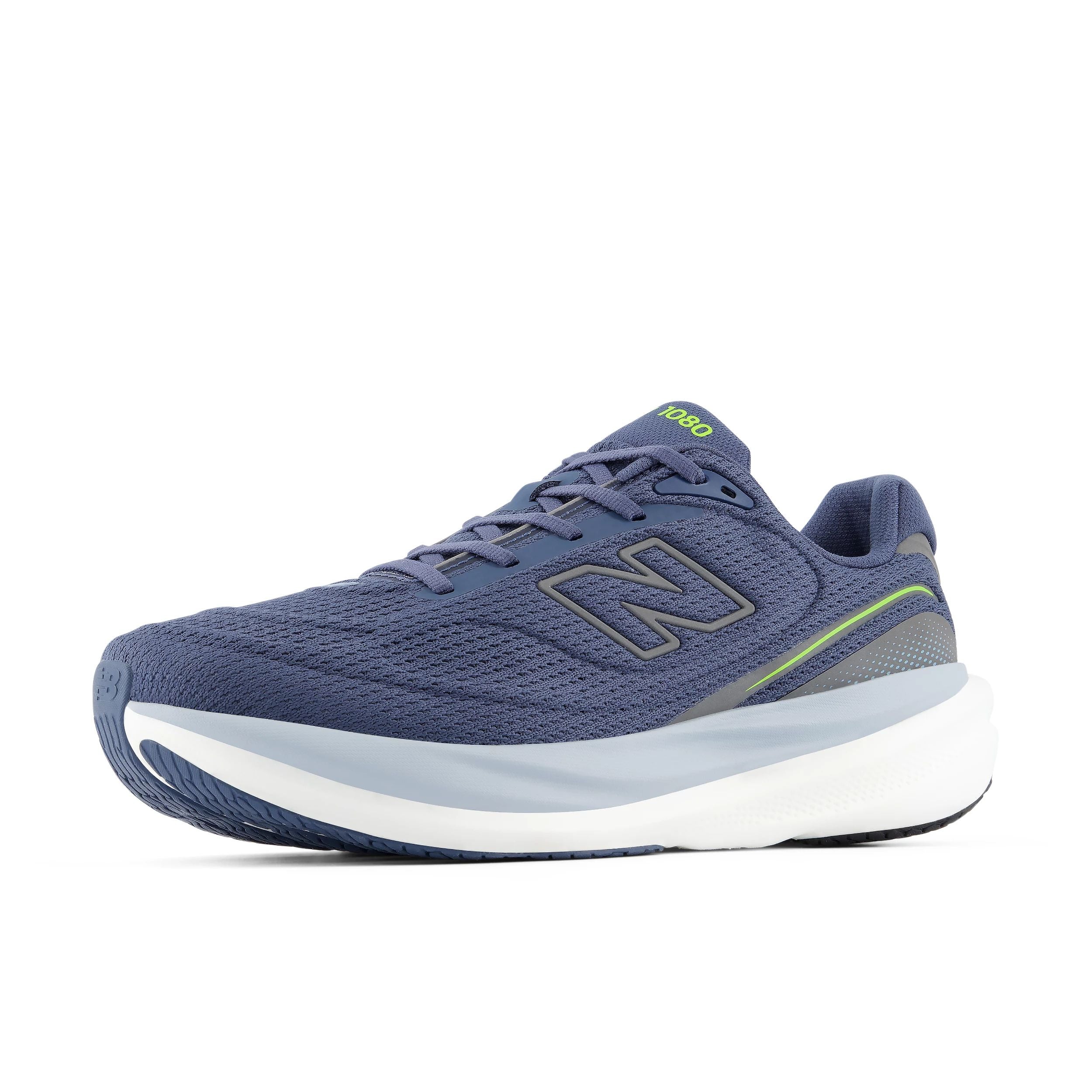new balance fresh foam 1080v15, soft bouncy lightweight road running shoe for men, indigo colour with bright green accents, profile of shoe on a white background