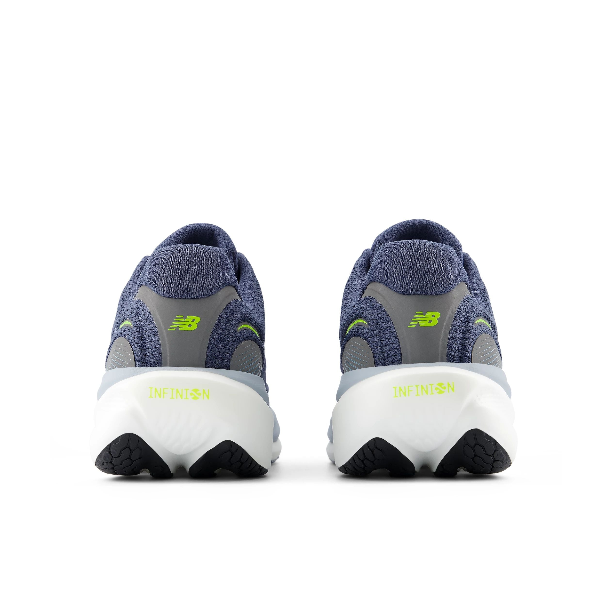 new balance fresh foam 1080v15, soft bouncy lightweight road running shoe for men, indigo colour with bright green accents, back profile of both shoes on a white background