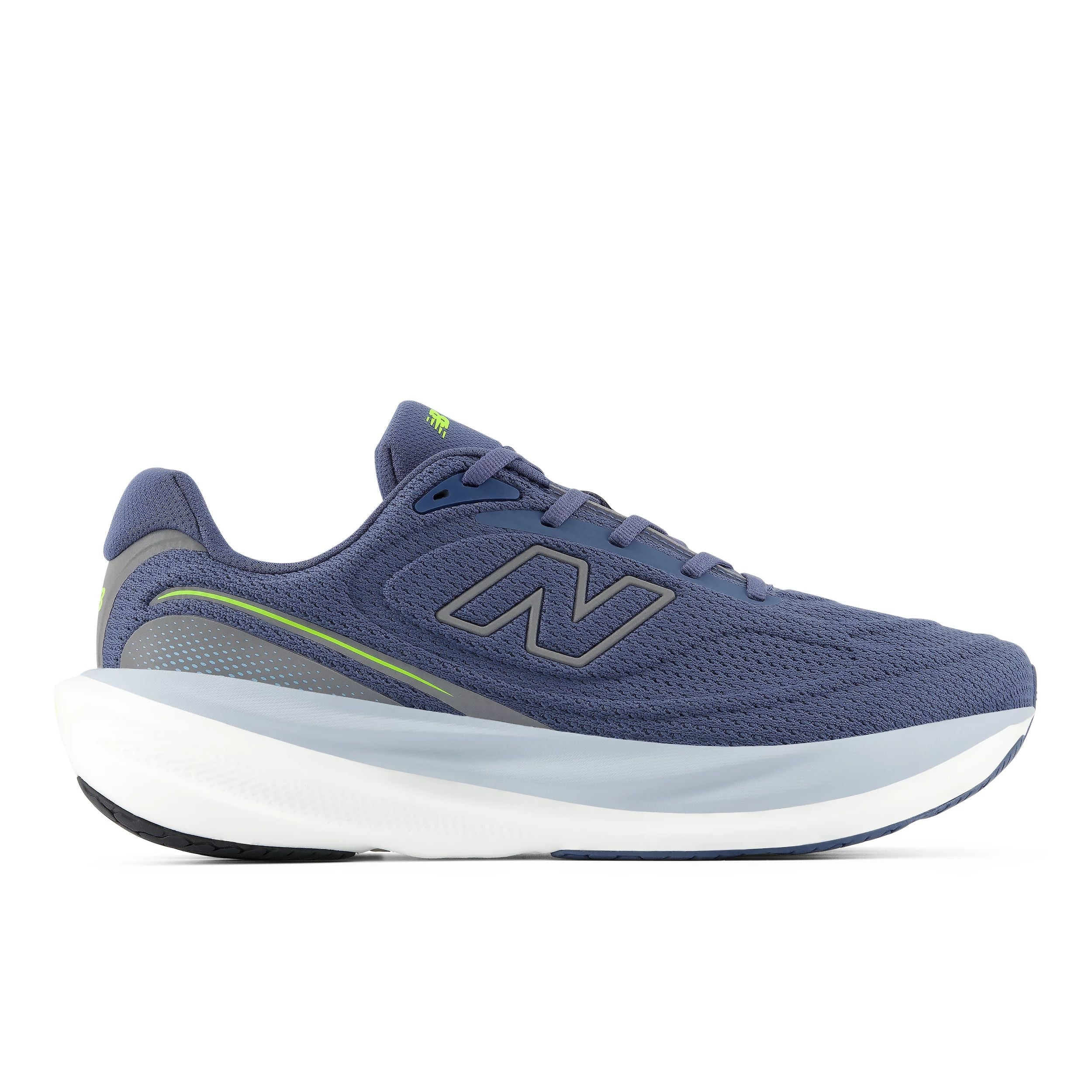 new balance fresh foam 1080v15, soft bouncy lightweight road running shoe for men, indigo colour with bright green accents, profile of shoe on a white background